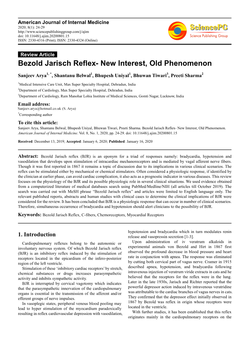 Bezold Jarisch Reflex- New Interest, Old Phenomenon