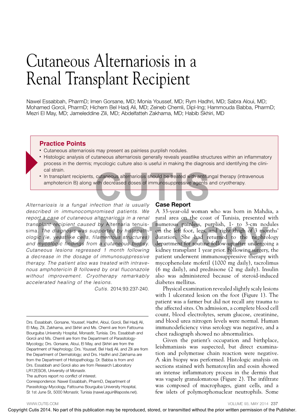 Cutaneous Alternariosis in a Renal Transplant Recipient