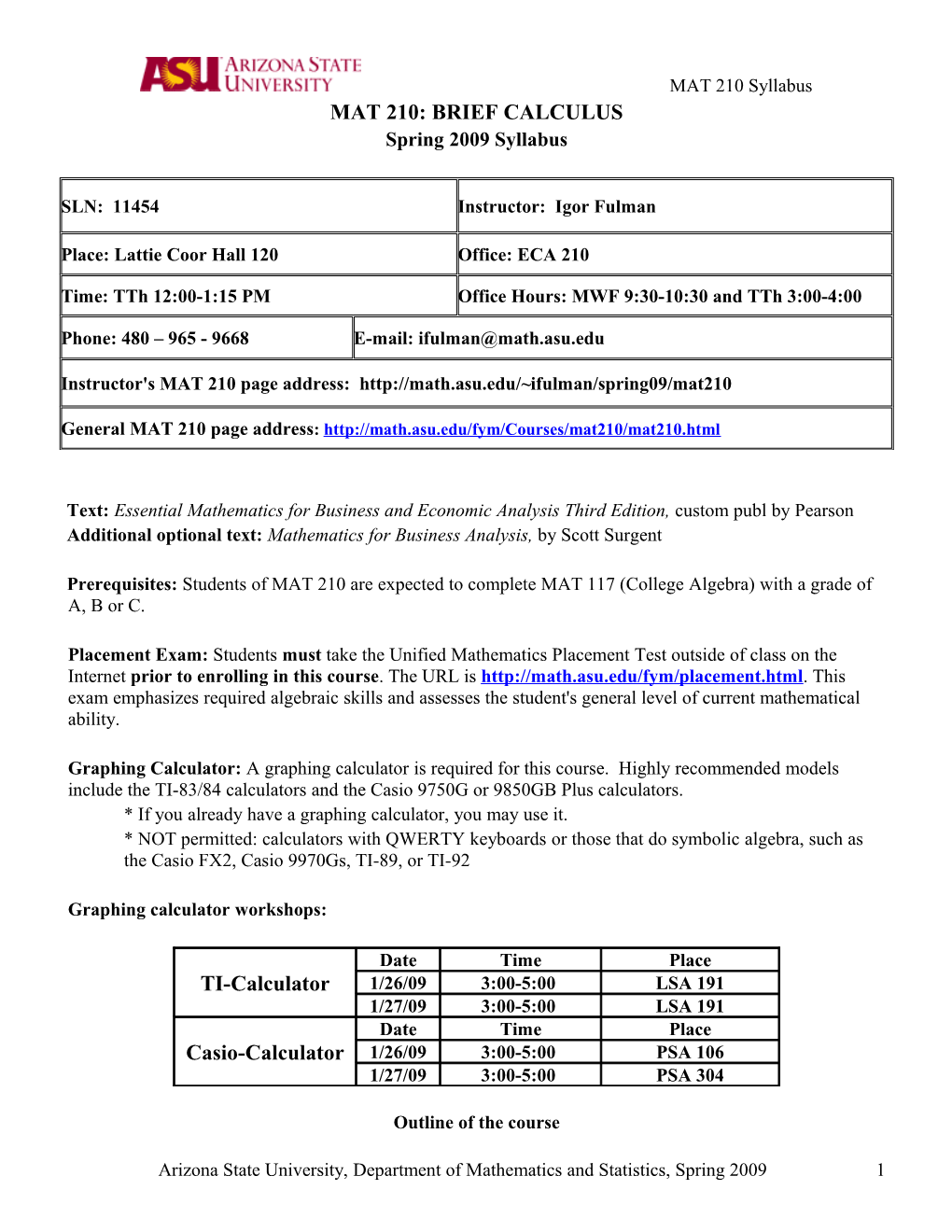 Mat 210: Brief Calculus