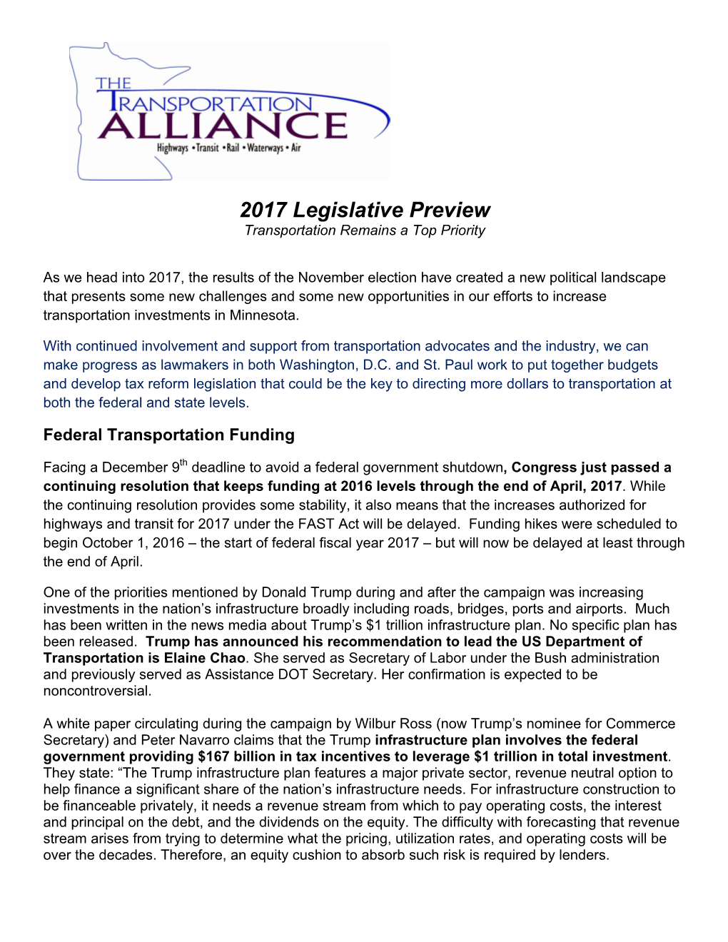 2017 Legislative Preview Transportation Remains a Top Priority