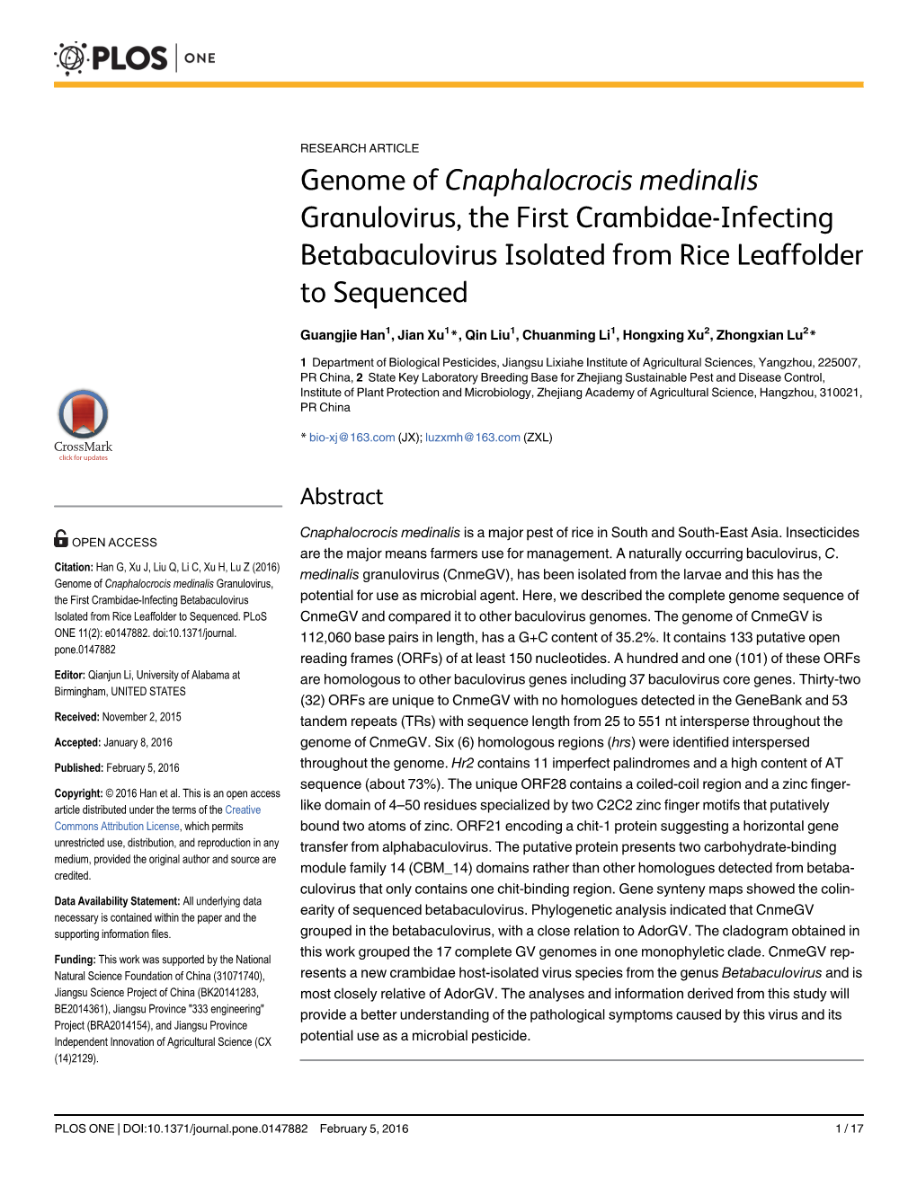 Genome of Cnaphalocrocis Medinalis Granulovirus, the First Crambidae-Infecting Betabaculovirus Isolated from Rice Leaffolder to Sequenced