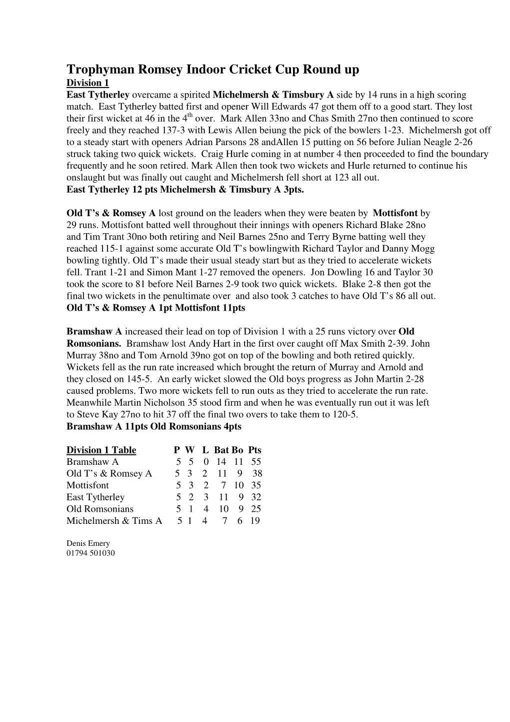 Trophyman Romsey Indoor Cricket Cup Round up Division 1 East Tytherley Overcame a Spirited Michelmersh & Timsbury a Side by 14 Runs in a High Scoring Match