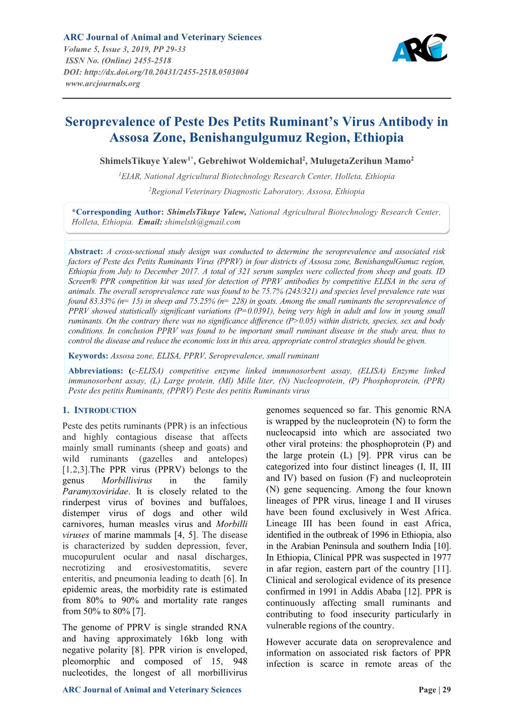 Seroprevalence of Peste Des Petits Ruminant's Virus Antibody In
