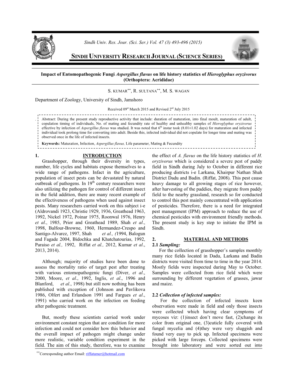 Impact of Entomopathogenic Fungi Aspergillus Flavus on Life History Statistics of Hieroglyphus Oryzivorus (Orthoptera: Acrididae)