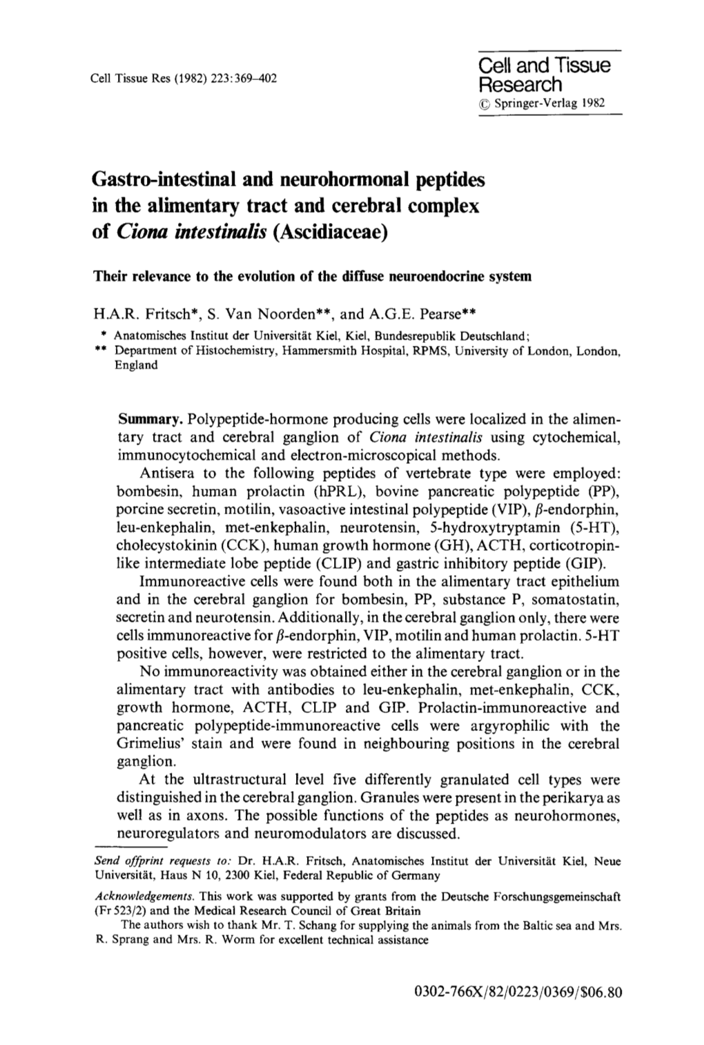 Gastro-Intestinal and Neurohormonal Peptides in the Alimentary Tract and Cerebral Complex of Ciona Intestinalis (Ascidiaceae)