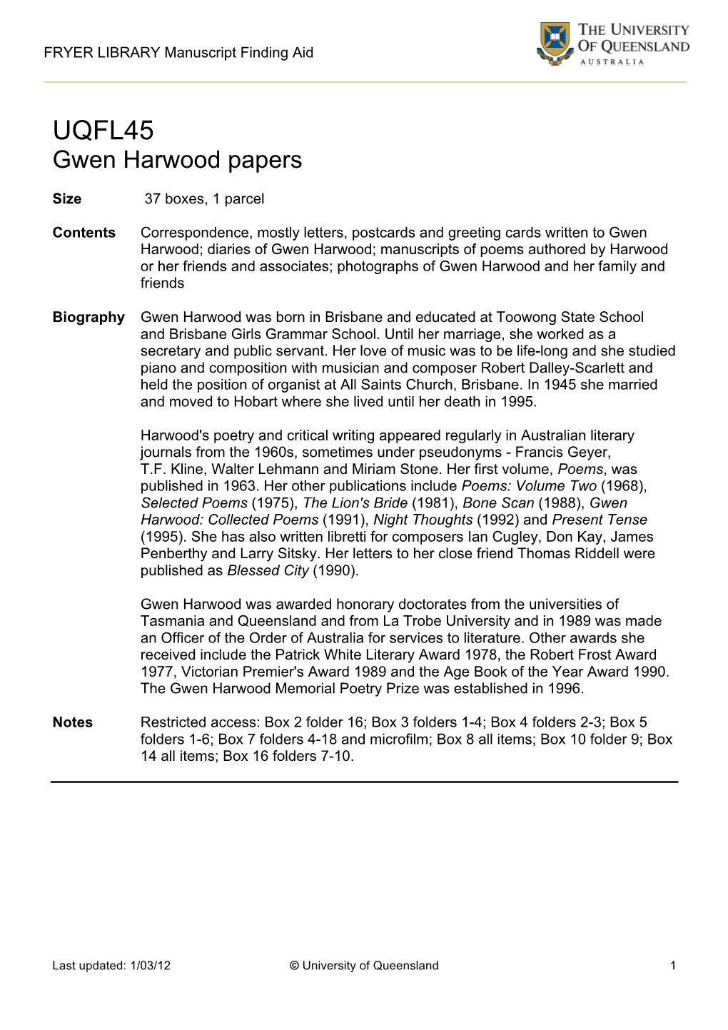 UQFL45 Gwen Harwood Papers