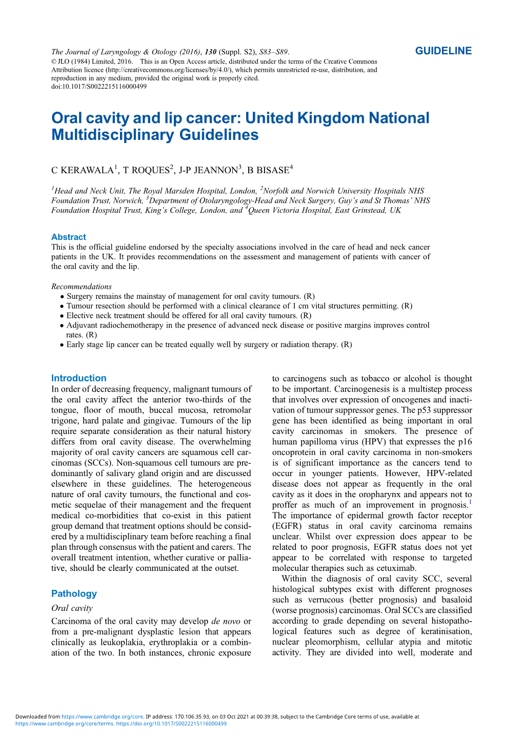 Oral Cavity and Lip Cancer: United Kingdom National Multidisciplinary Guidelines