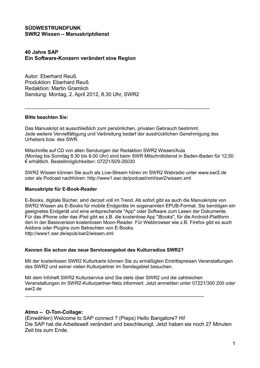 1 SÜDWESTRUNDFUNK SWR2 Wissen – Manuskriptdienst 40