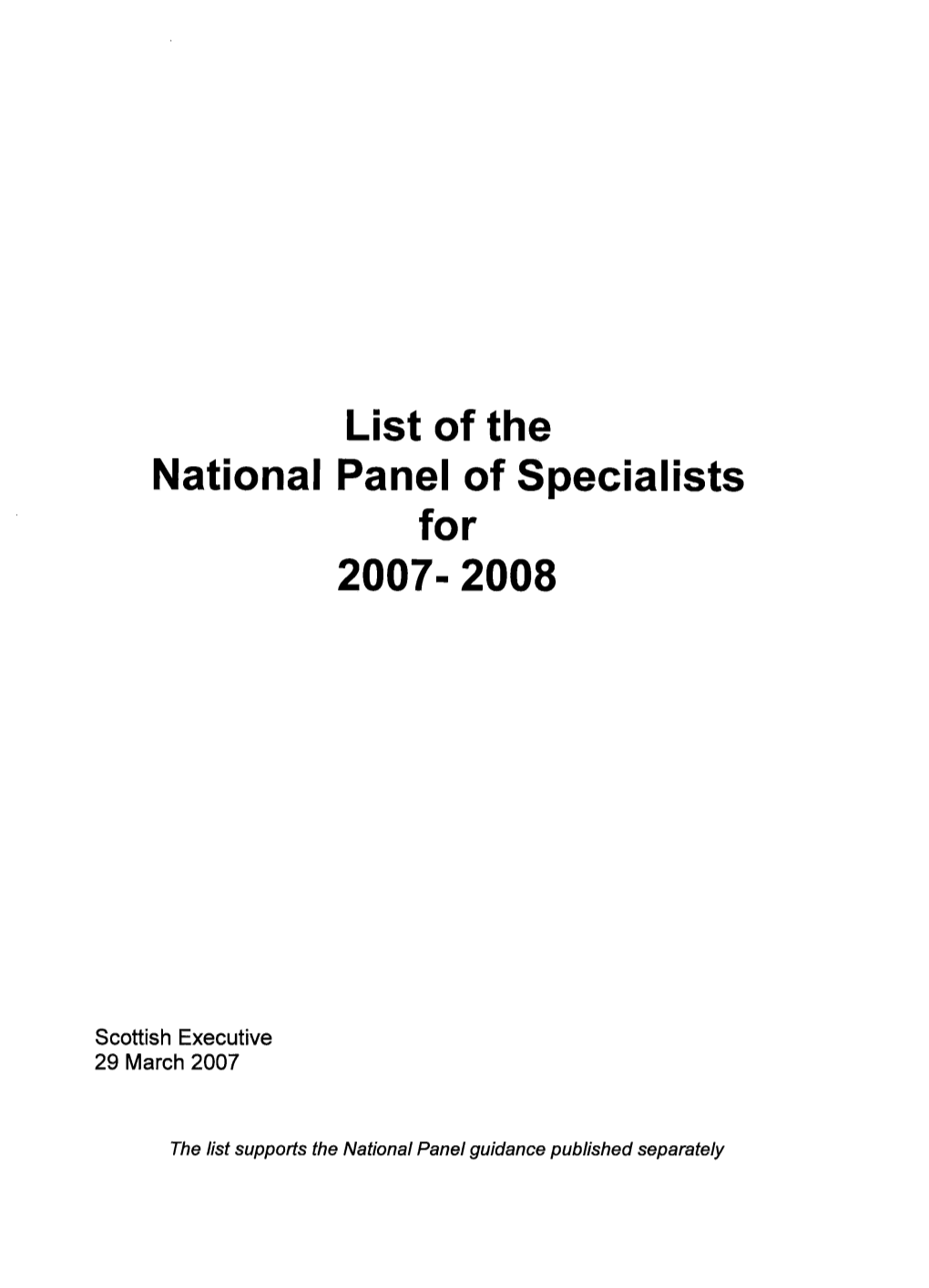 List of the National Panel of Specialists for 2007-2008