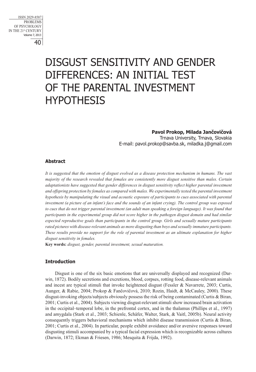 Disgust Sensitivity and Gender Differences: an Initial Test of the Parental Investment Hypothesis