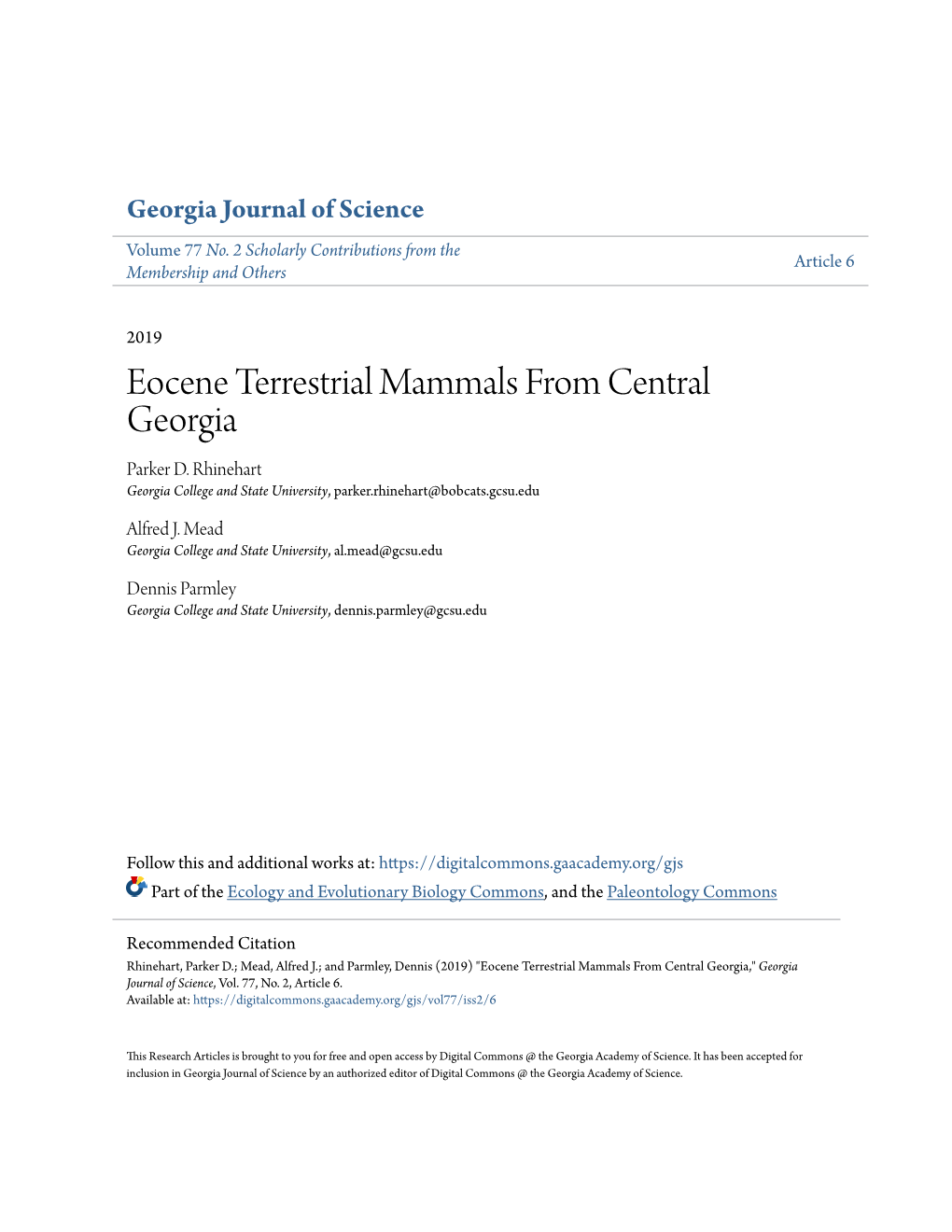 Eocene Terrestrial Mammals from Central Georgia Parker D