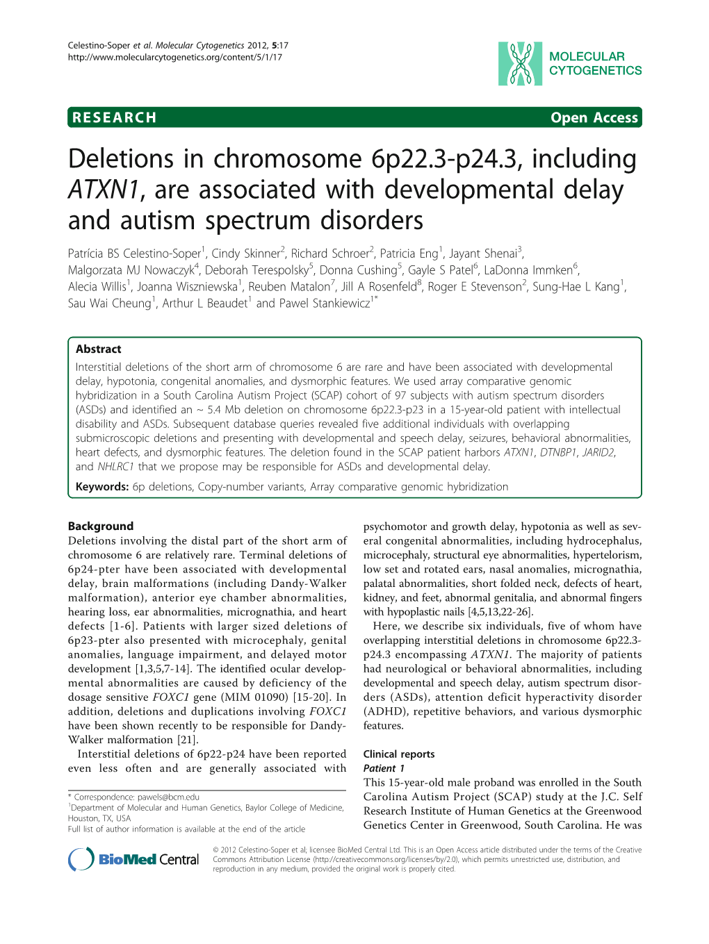 Deletions in Chromosome 6P22.3-P24.3, Including ATXN1, Are Associated with Developmental Delay and Autism Spectrum Disorders