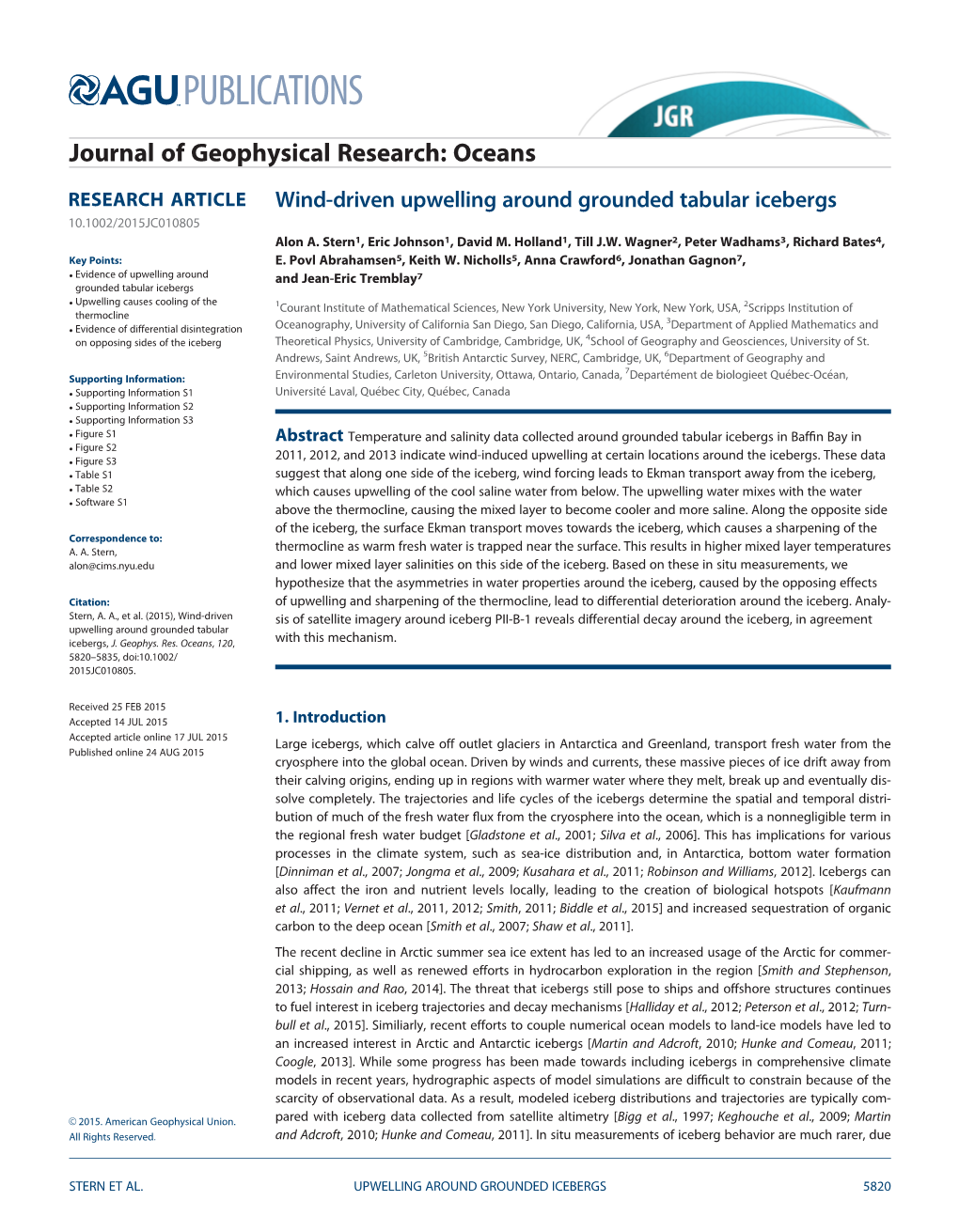 Driven Upwelling Around Grounded Tabular Icebergs 10.1002/2015JC010805 Alon A