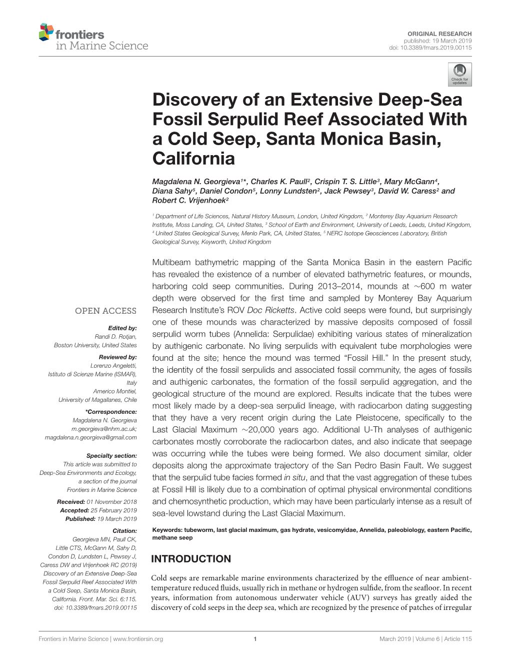 Discovery of an Extensive Deep-Sea Fossil Serpulid Reef Associated with a Cold Seep, Santa Monica Basin, California