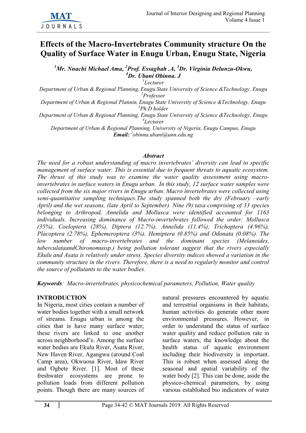 Effects of the Macro-Invertebrates Community Structure on the Quality of Surface Water in Enugu Urban, Enugu State, Nigeria