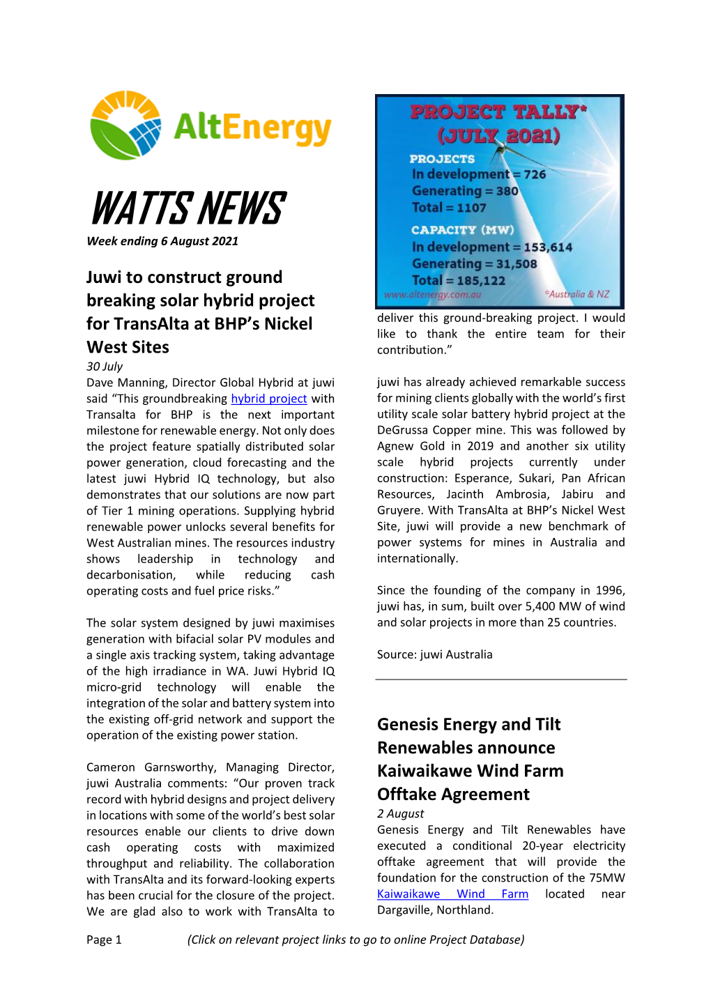 WATTS NEWS Week Ending 6 August 2021