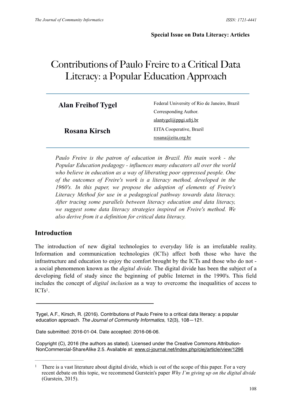 Contributions of Paulo Freire to a Critical Data Literacy: a Popular Education Approach