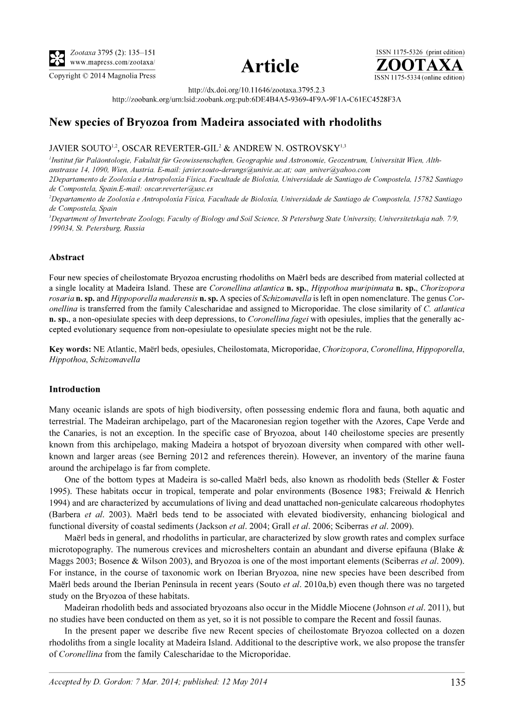 New Species of Bryozoa from Madeira Associated with Rhodoliths