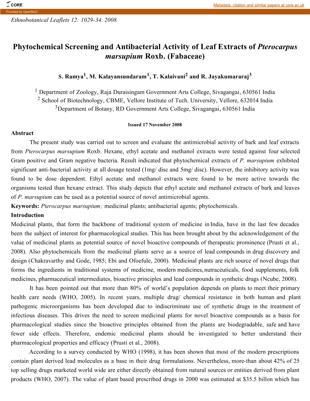 Phytochemical Screening and Antibacterial Activity of Leaf Extracts of Pterocarpus Marsupium Roxb