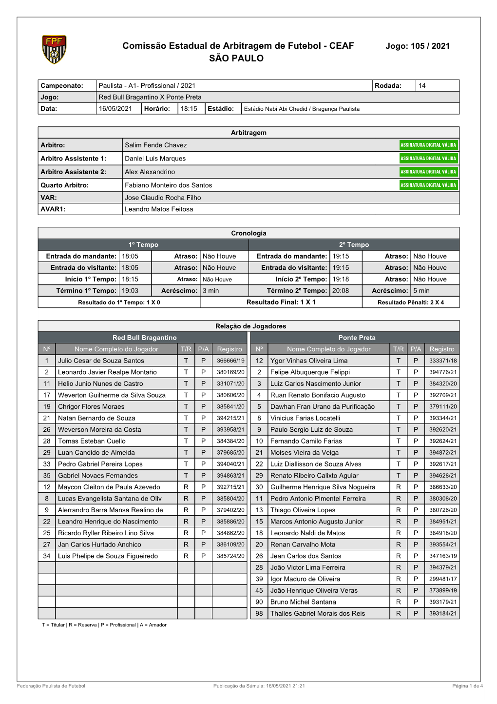 Comissão Estadual De Arbitragem De Futebol - CEAF Jogo: 105 / 2021 SÃO PAULO