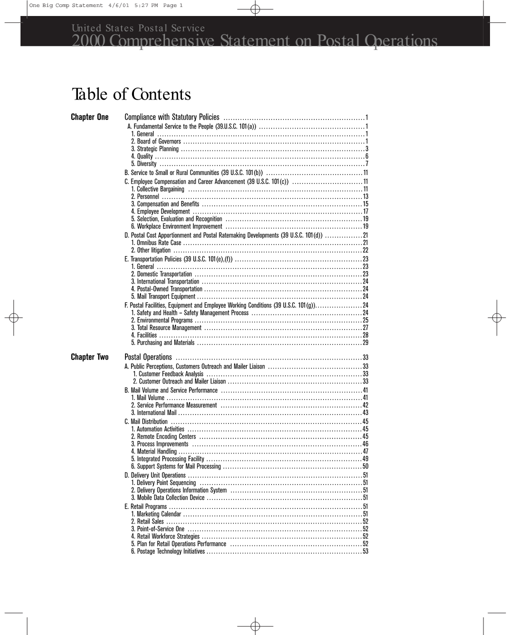 2000 Comprehensive Statement on Postal Operations Table of Contents