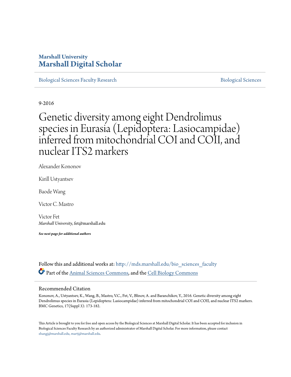 Genetic Diversity Among Eight Dendrolimus Species in Eurasia