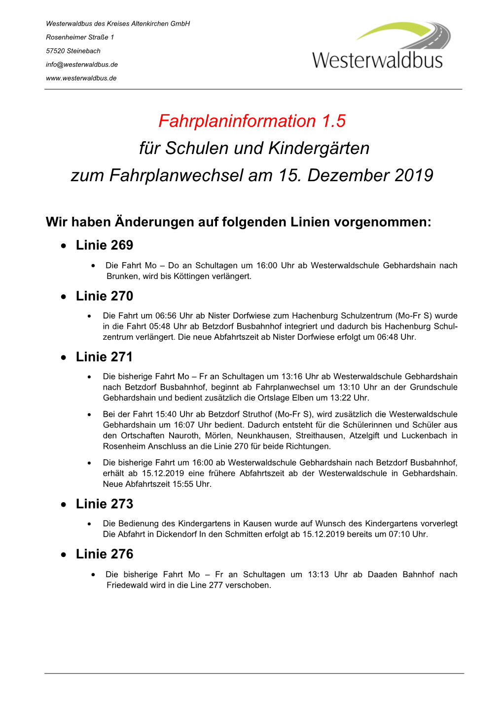 Für Schulen Und Kindergärten Zum Fahrplanwechsel Am 15. Dezember 2019