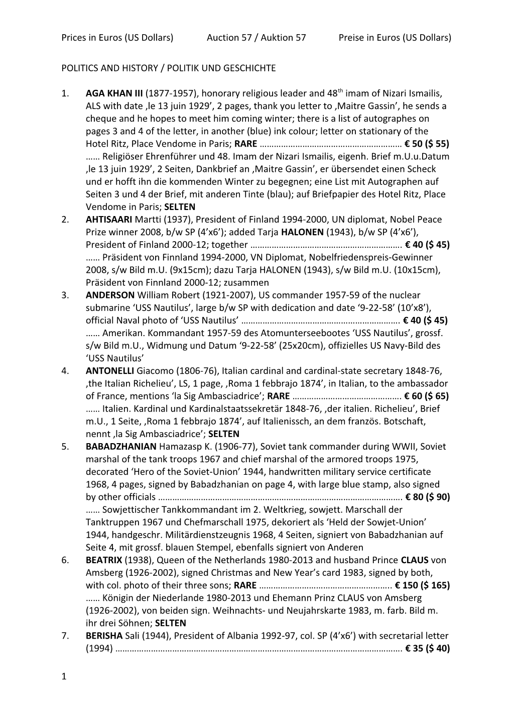 (US Dollars) POLITICS and HISTORY