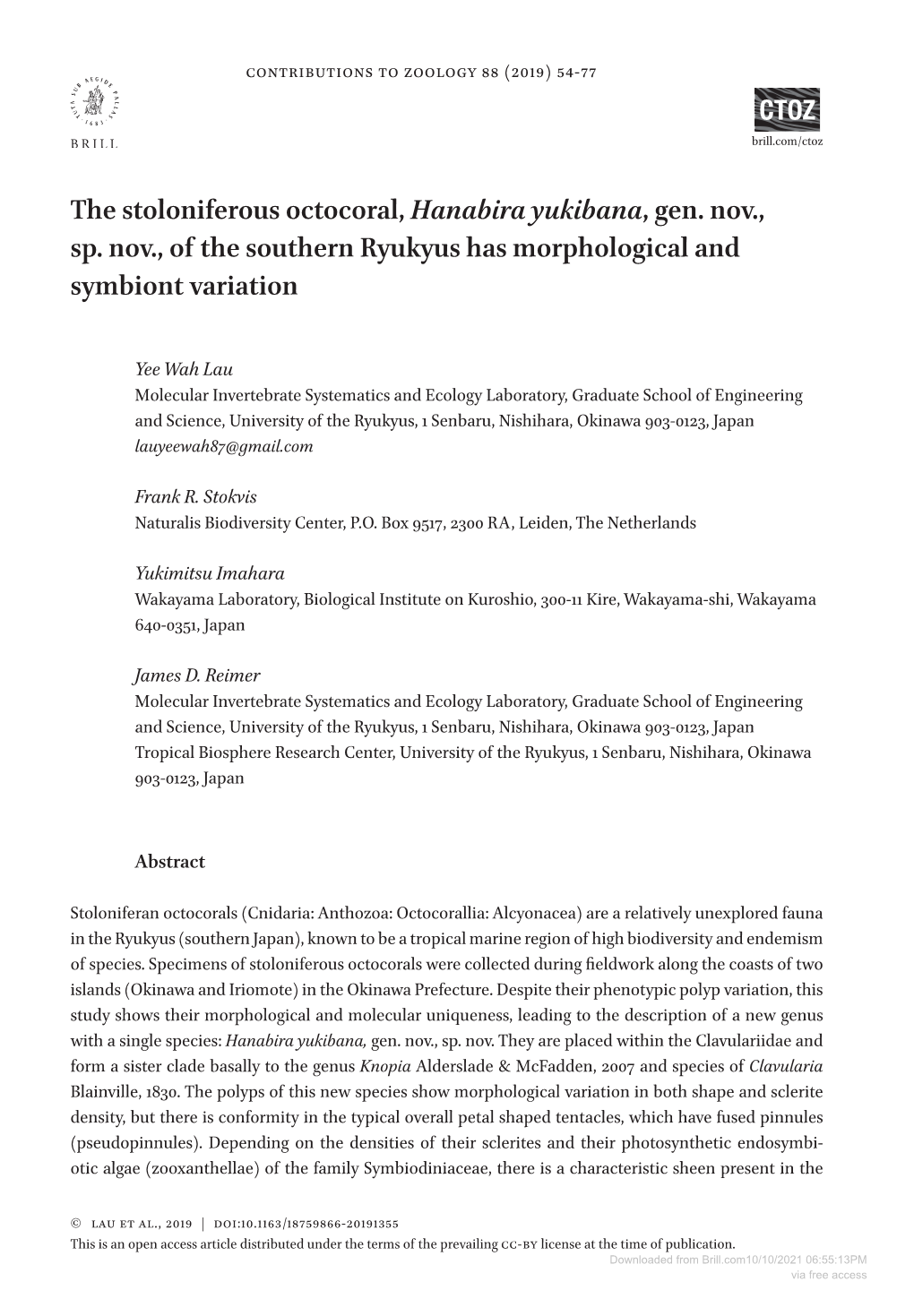 Downloaded from Brill.Com10/10/2021 06:55:13PM Via Free Access Variation in a Stoloniferan Octocoral 55