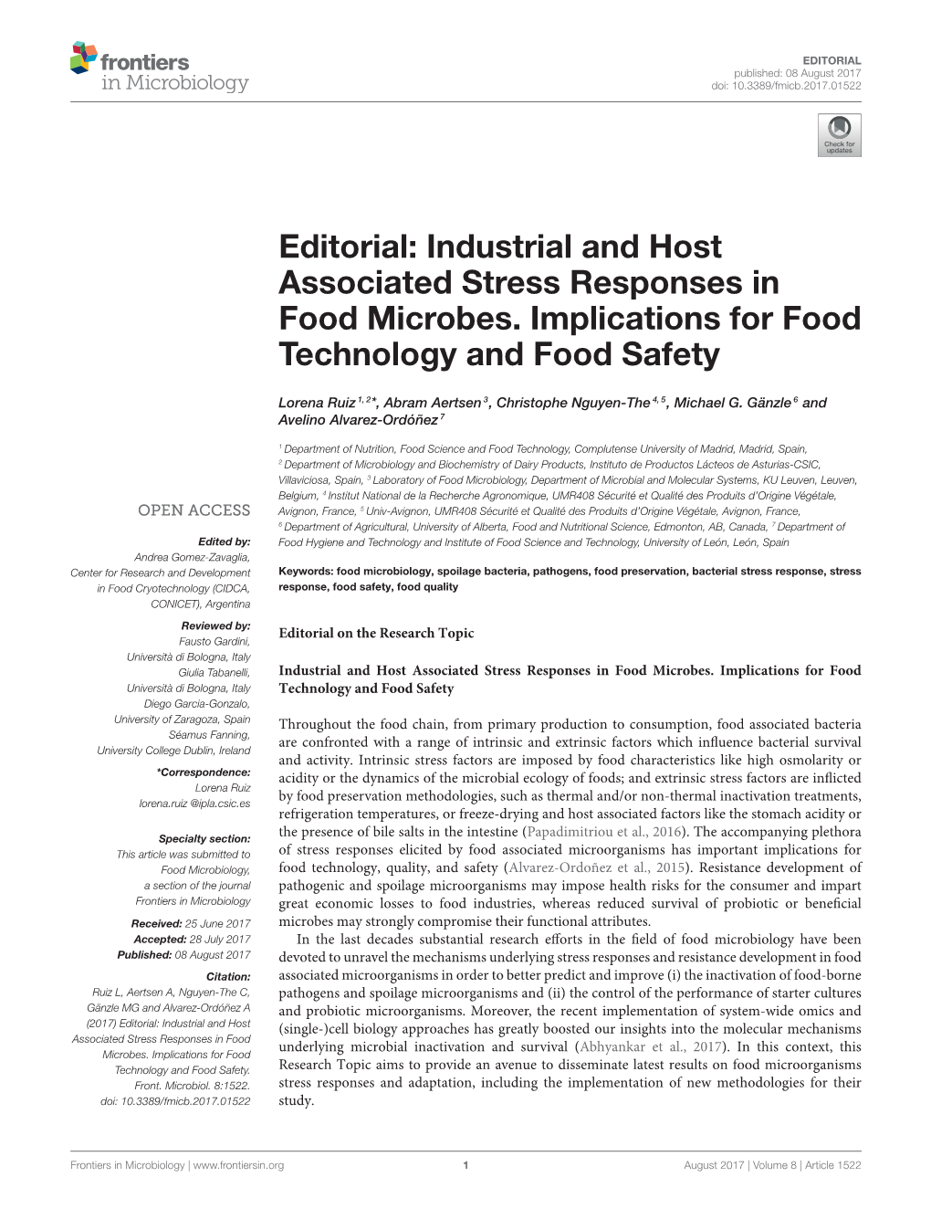 Editorial: Industrial and Host Associated Stress Responses in Food Microbes. Implications for Food Technology and Food Safety
