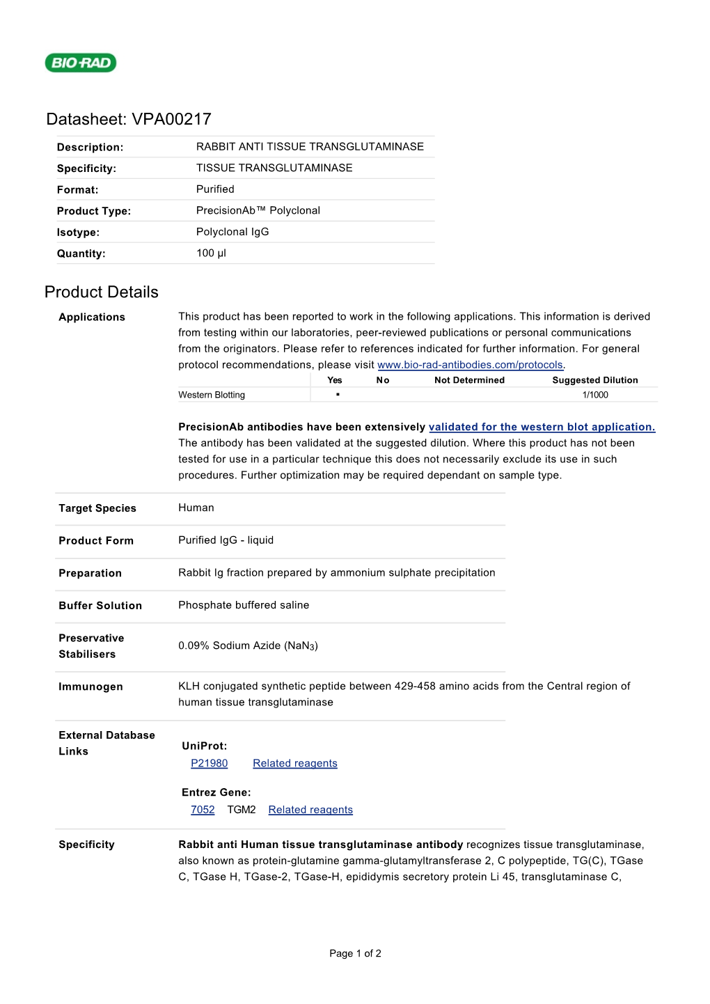 Datasheet: VPA00217 Product Details