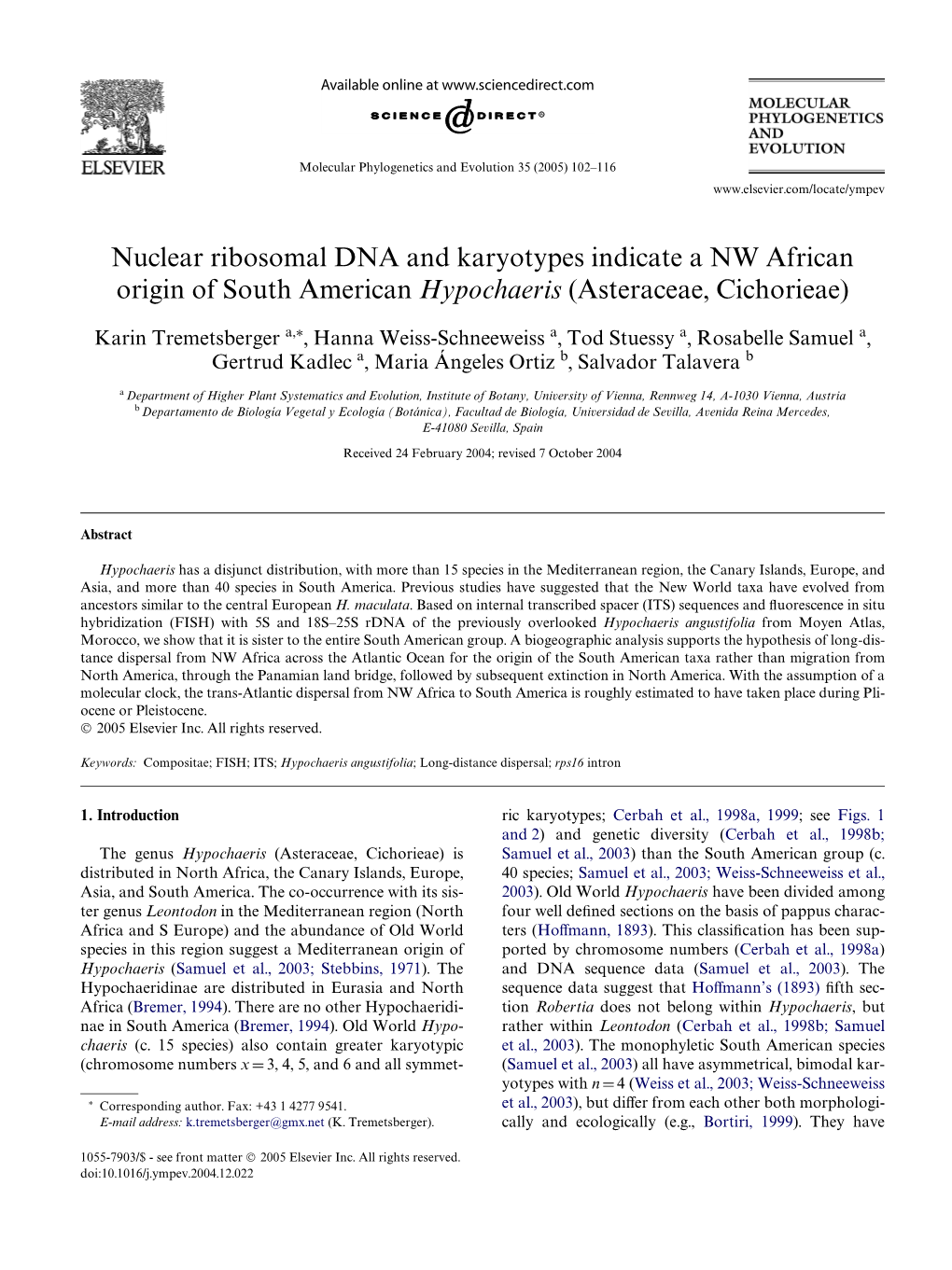 Nuclear Ribosomal DNA and Karyotypes Indicate a NW African Origin of South American Hypochaeris (Asteraceae, Cichorieae)