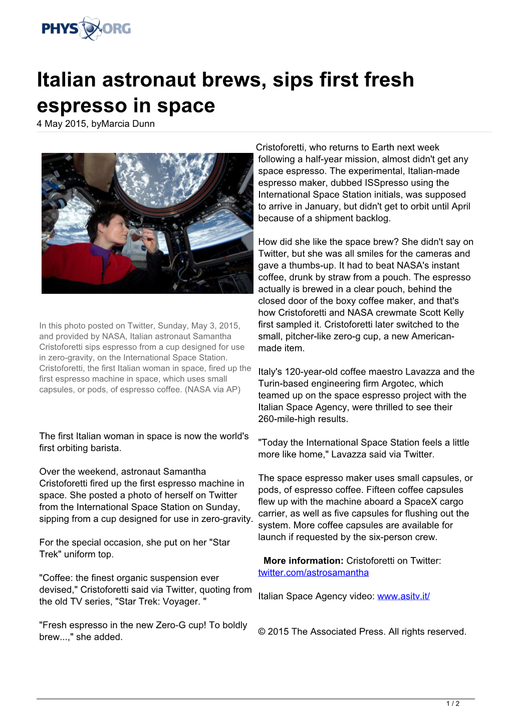 Italian Astronaut Brews, Sips First Fresh Espresso in Space 4 May 2015, Bymarcia Dunn