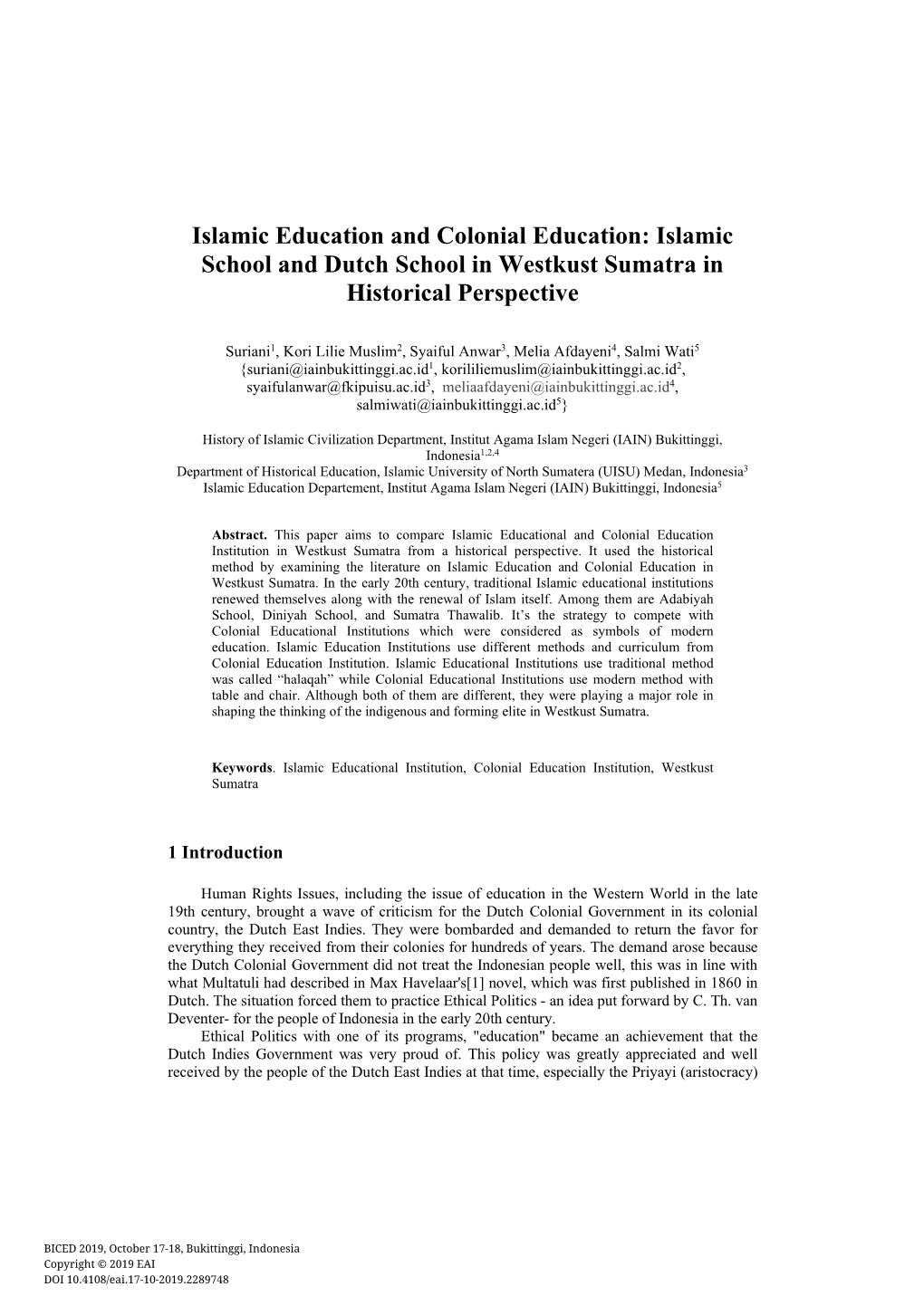 Islamic Education and Colonial Education: Islamic School and Dutch School in Westkust Sumatra in Historical Perspective