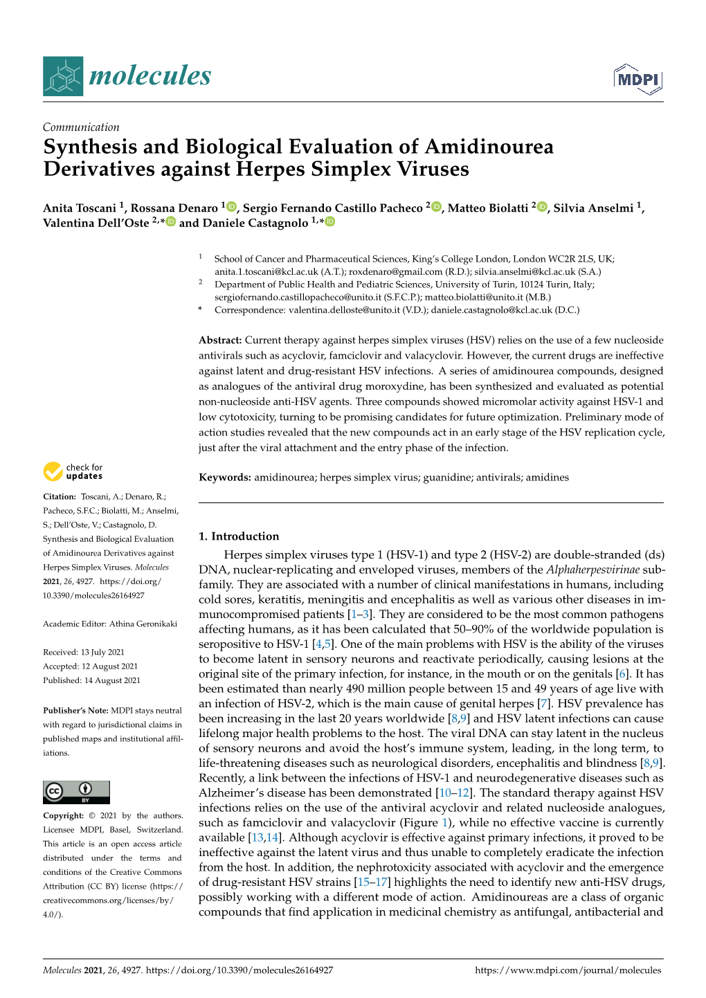 Synthesis and Biological Evaluation of Amidinourea Derivatives Against Herpes Simplex Viruses