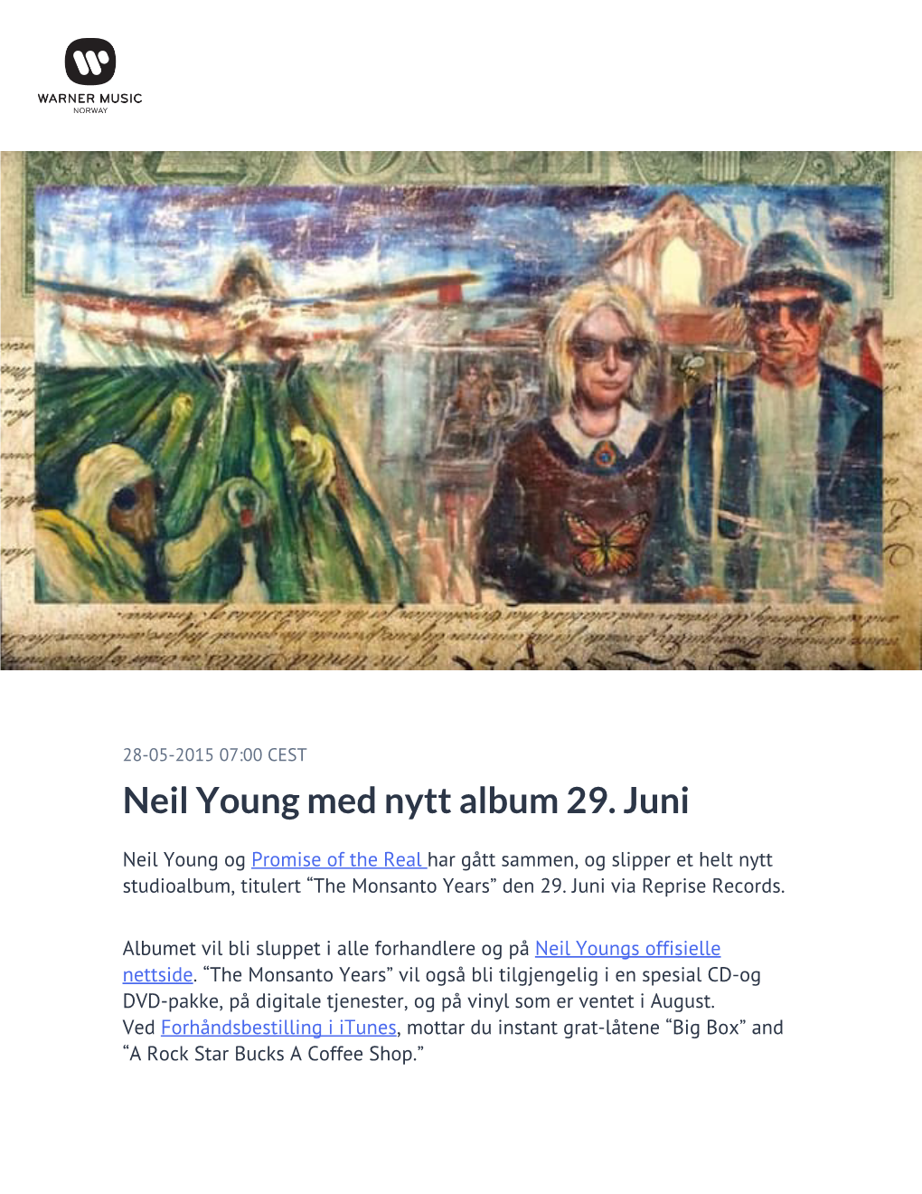 Neil Young Med Nytt Album 29. Juni