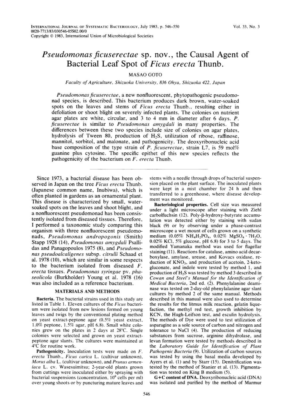 Pseudomonas Jicuserectae Sp. Nov., the Causal Agent of Bacterial Leaf Spot of Ficus Erecta Thunb