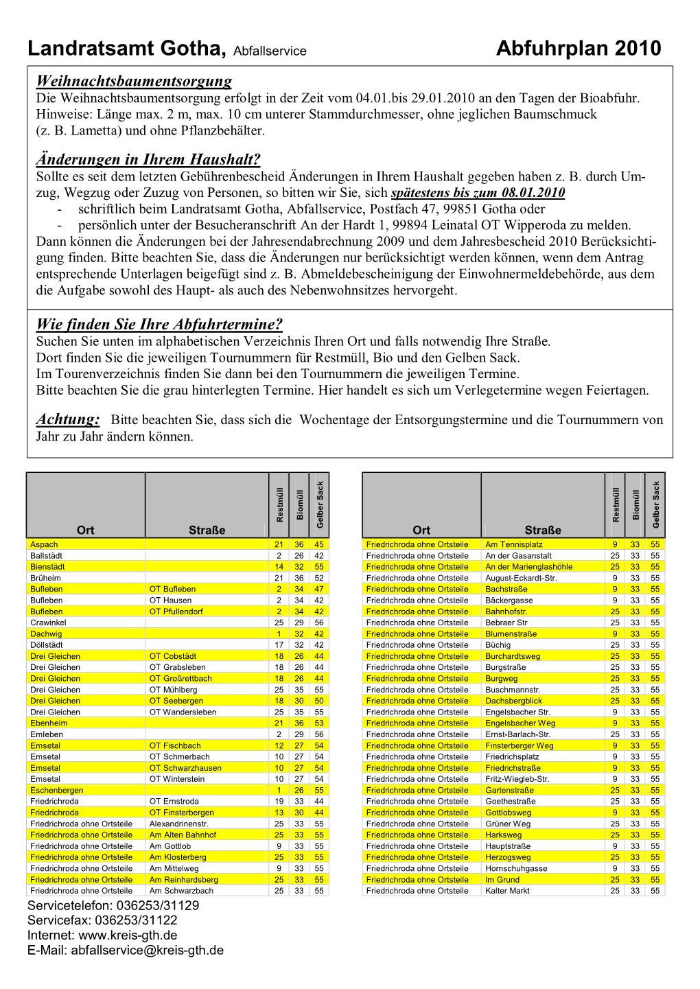 Landratsamt Gotha, Abfallservice Abfuhrplan 2010 Weihnachtsbaumentsorgung