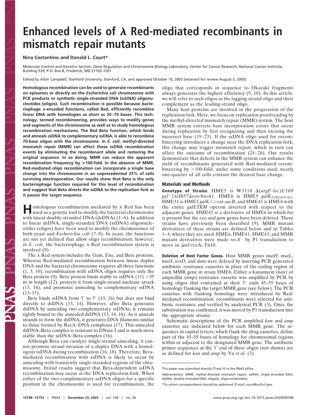 Enhanced Levels of Red-Mediated Recombinants in Mismatch Repair