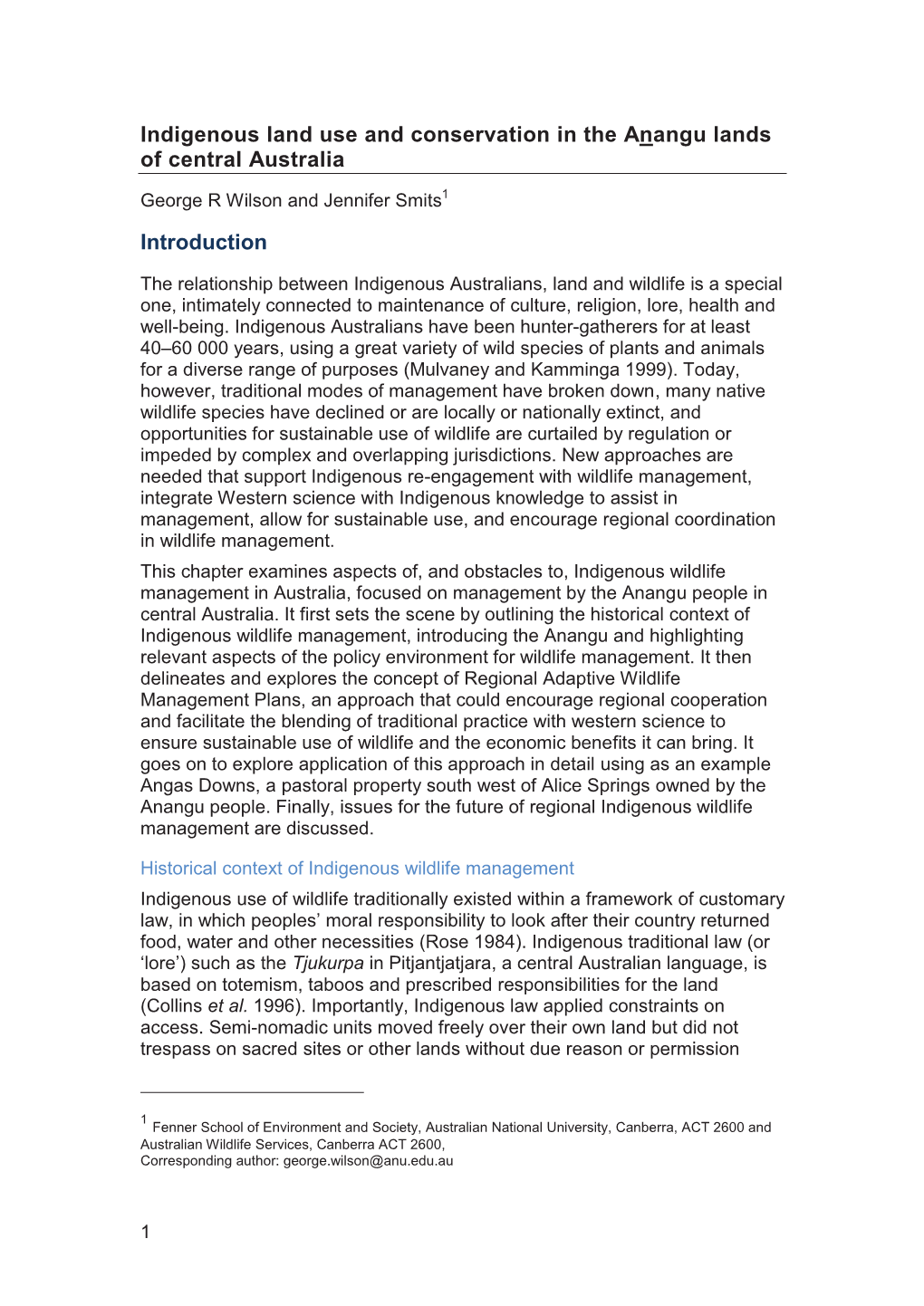 Indigenous Land Use and Conservation in the Anangu Lands of Central Australia