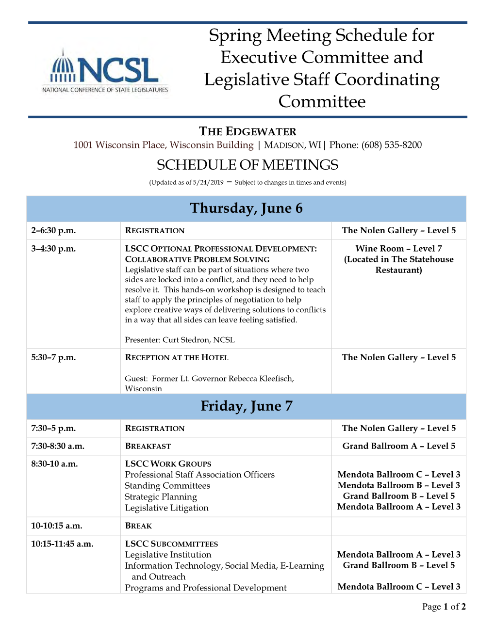 Spring Meeting Schedule for Executive Committee and Legislative Staff Coordinating Committee