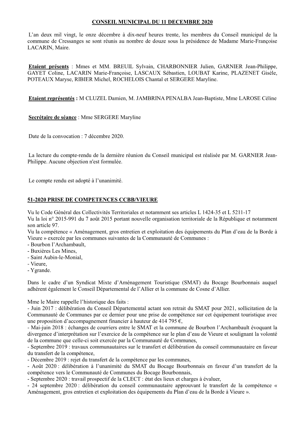 Compte Rendu Du Conseil Municipal Du 11 Décembre