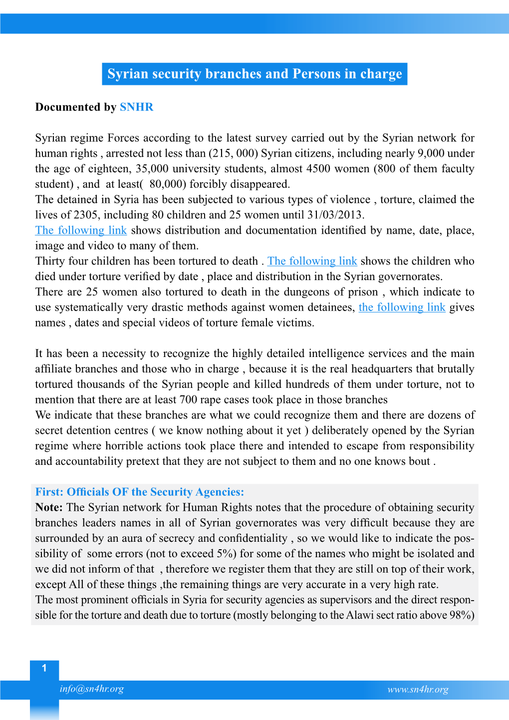 “Syrian Security Branches and Persons in Charge” by SN4HR