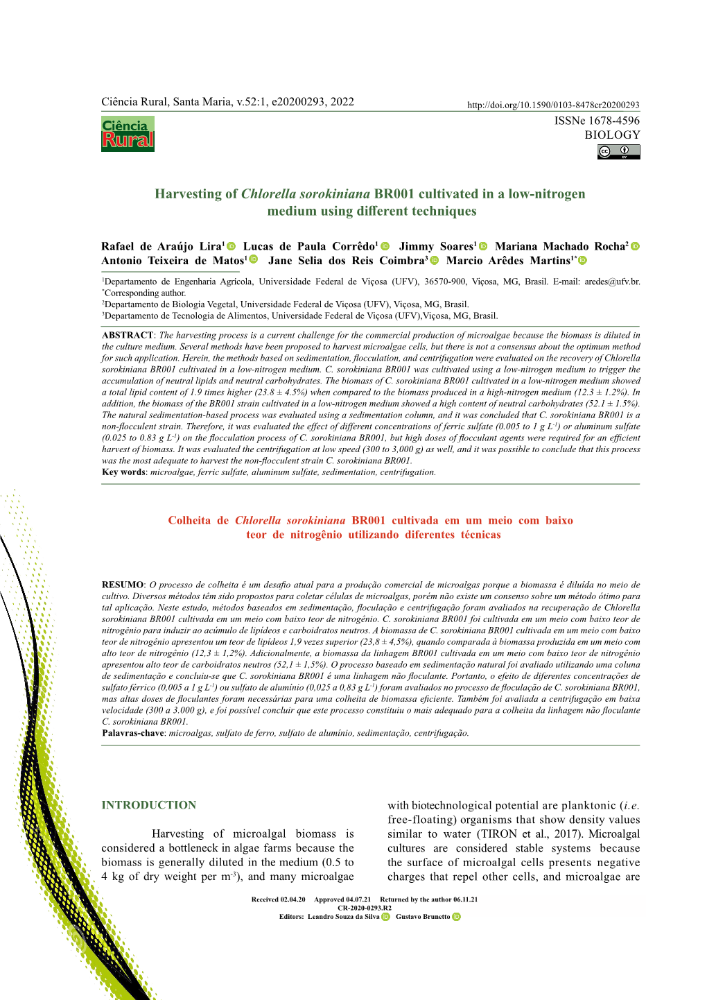 Harvesting of Chlorella Sorokiniana BR001 Cultivated in a Low-Nitrogen Medium Using Different Techniques