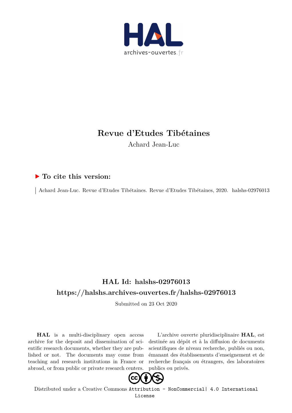 Revue D'etudes Tibétaines Est Publiée Par L'umr 8155 Du CNRS (CRCAO), Paris, Dirigée Par Sylvie Hureau