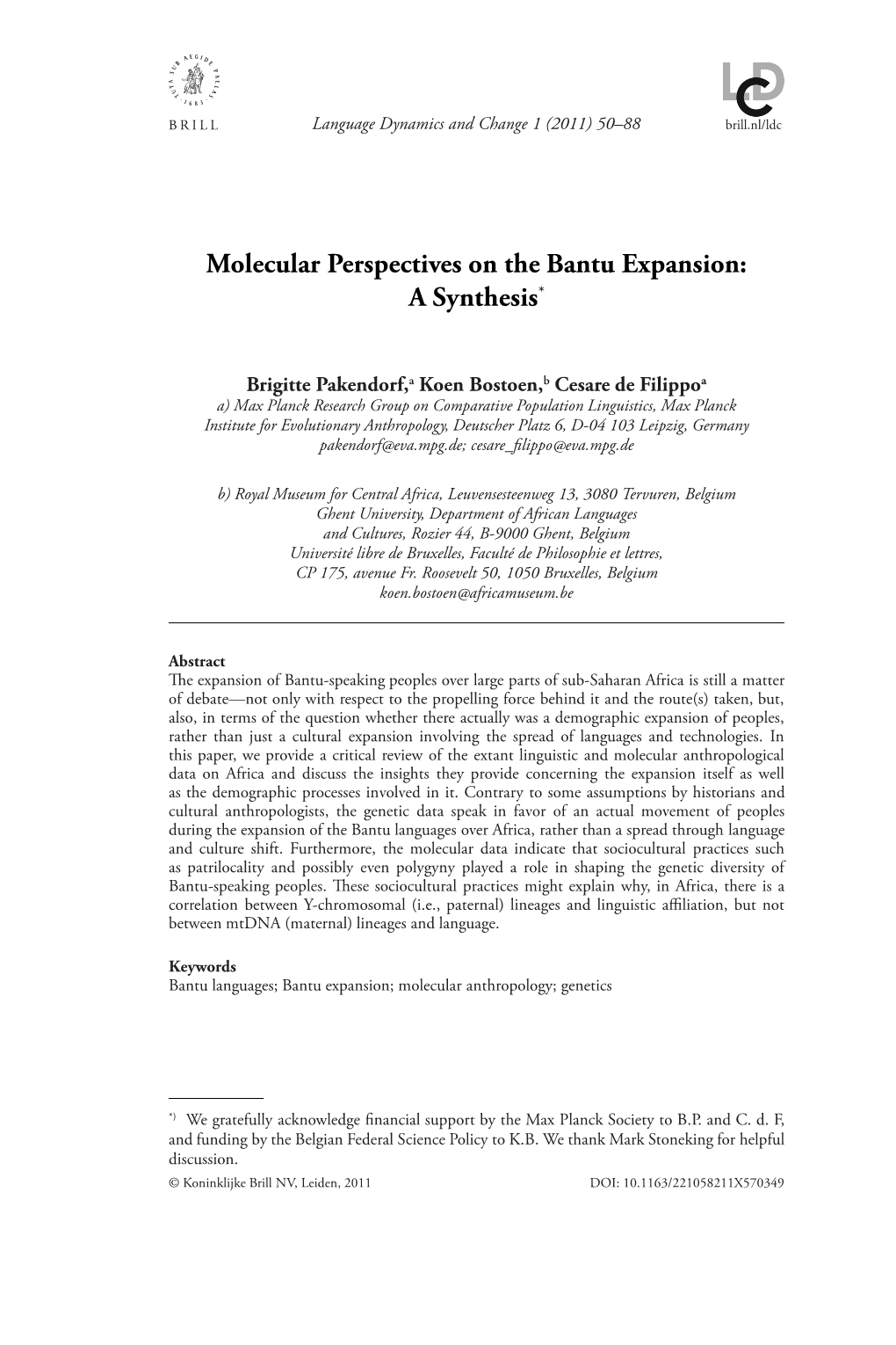 Molecular Perspectives on the Bantu Expansion: a Synthesis*