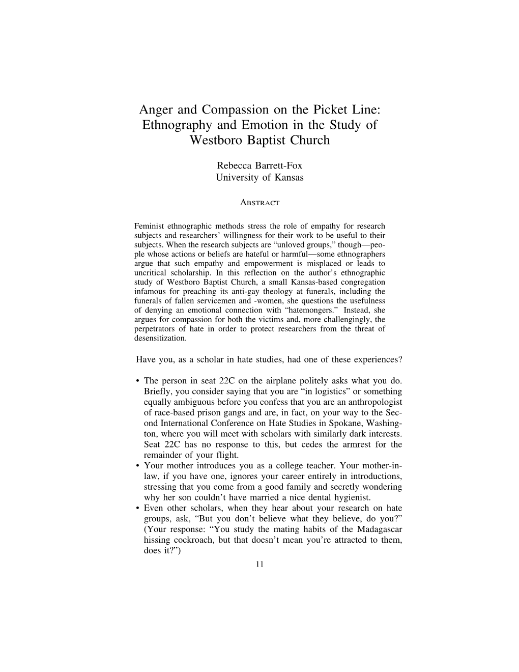 Ethnography and Emotion in the Study of Westboro Baptist Church