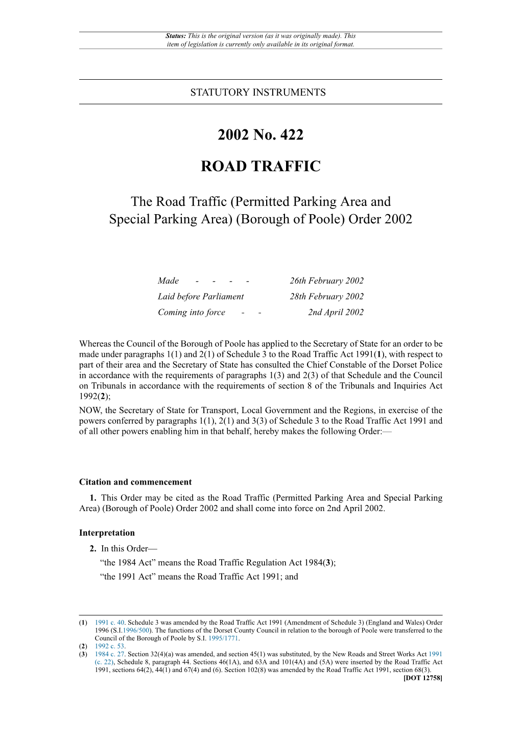 (Permitted Parking Area and Special Parking Area) (Borough of Poole) Order 2002