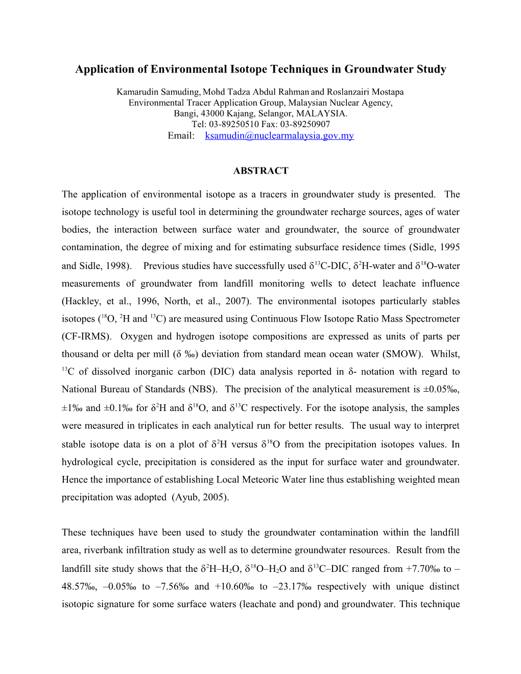 Application of Environmental Isotope Techniques in Groundwater Study