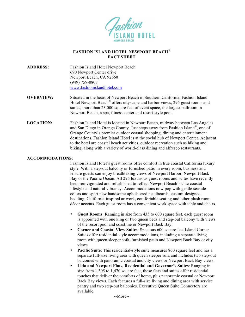 Fashion Island Hotel Newport Beach® Fact Sheet Address